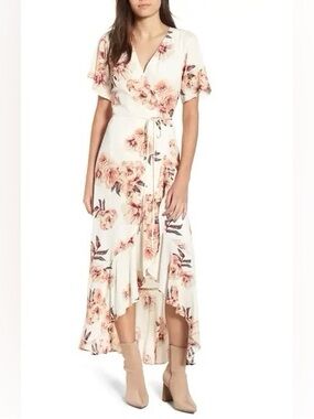 Leith Cream & Pink Floral Wrap High-Low Dress XL